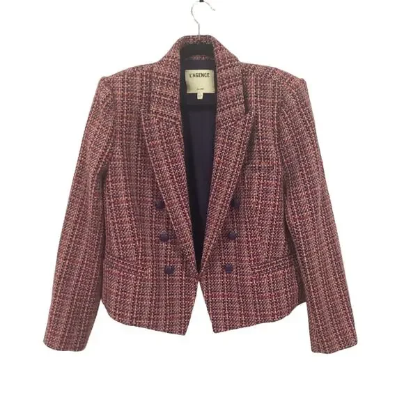 L’AGENCE Brook Tweed Double Breasted Cropped Blazer Purple Pink Size 10 - Picture 2 of 15